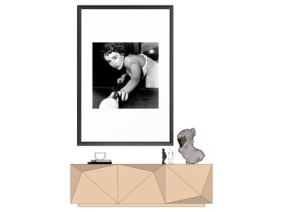 Black Framed Black and White Portrait Painting on Geometric Cabinet with Dog Sculpture 3d model