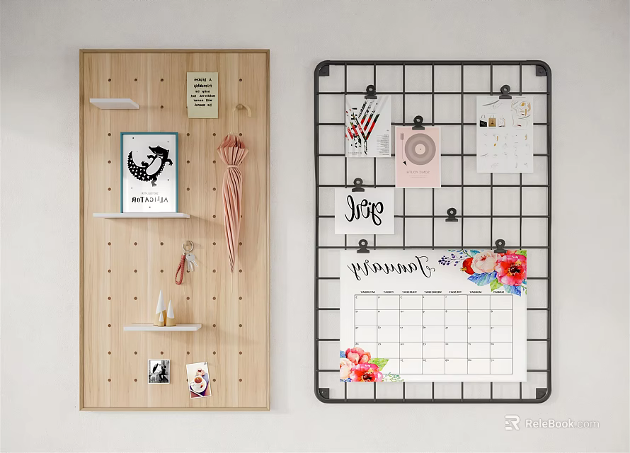 Stylish Wall Decor With Wooden Panel Grid Hooks Shelves Calendar Photos And Flowers 3d model 