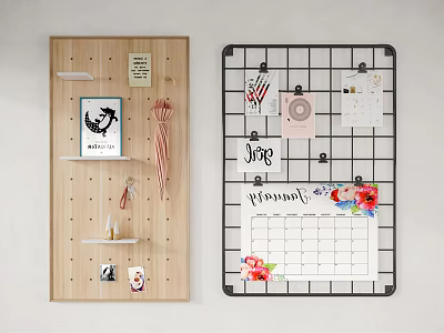 Stylish Wall Decor With Wooden Panel Grid Hooks Shelves Calendar Photos And Flowers 3d model