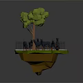 Low Poly Green Scenic Platform With Tree Black Fence And Deer Animals