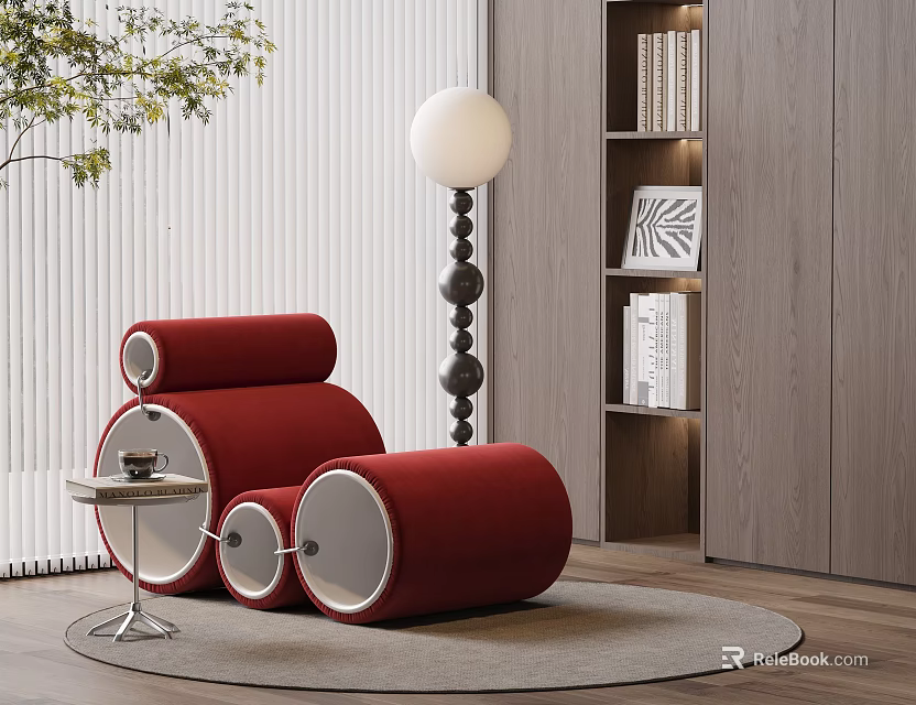 Stylish Red Velvet Accent Chair In Modern Interior With Floor Lamp Side Table And Bookshelf 3d model 