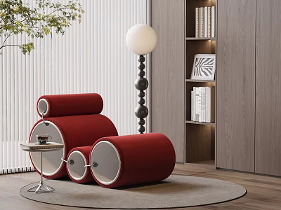 Stylish Red Velvet Accent Chair In Modern Interior With Floor Lamp Side Table And Bookshelf 3d model