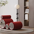 Stylish Red Velvet Accent Chair In Modern Interior With Floor Lamp Side Table And Bookshelf