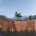 Brown Landscape Wall With Golden Decorative Lines Palm Trees Water Reflection And Mountain Backdrop