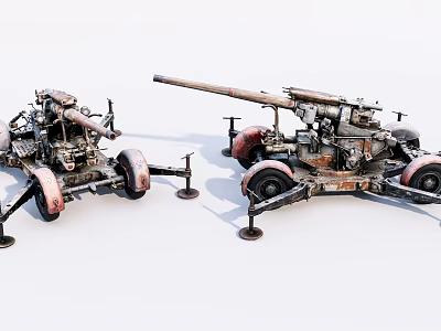 Vintage Military Artillery Weapon With Wheeled Gun Carriage And Long Metal Barrel Structure 3d model