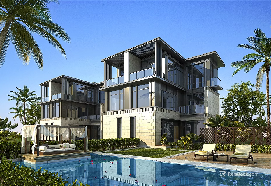 Modern Style Detached Villa With Swimming Pool Palm Trees Large Windows And Balconies 3d model 
