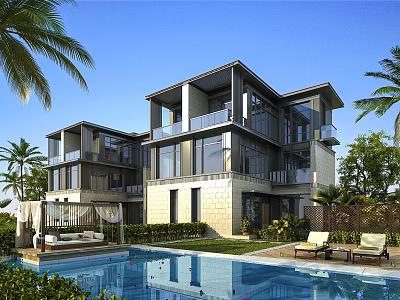 Modern Style Detached Villa With Swimming Pool Palm Trees Large Windows And Balconies 3d model