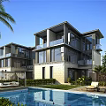 Modern Style Detached Villa With Swimming Pool Palm Trees Large Windows And Balconies