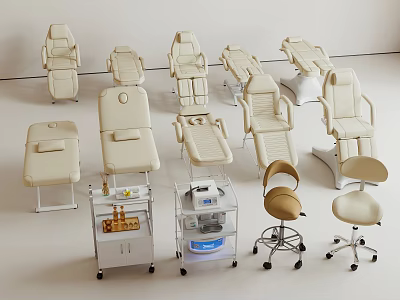 Various Styles White Massage Chairs With Beauty Beds And Rolling Carts In Showroom 3d model