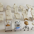 Various Styles White Massage Chairs With Beauty Beds And Rolling Carts In Showroom