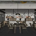 Japanese Restaurant Interior With Wooden Tables Chairs Hanging Lights Wall Art And Shoji Screens
