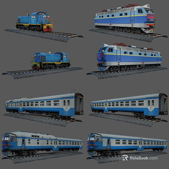 Blue And Yellow Train Models Including Locomotive And Passenger Carriages 3d model 
