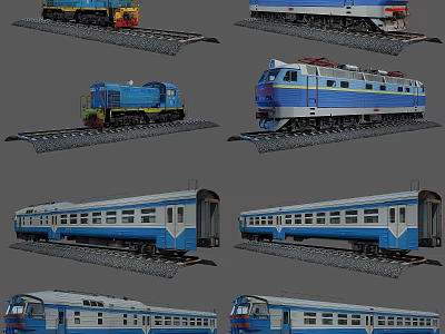 Blue And Yellow Train Models Including Locomotive And Passenger Carriages 3d model