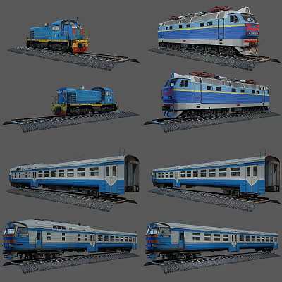 Blue And Yellow Train Models Including Locomotive And Passenger Carriages 3d model