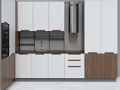 Modern Kitchen Interior With White And Wooden Cabinets Sink Oven And Range Hood 3d model
