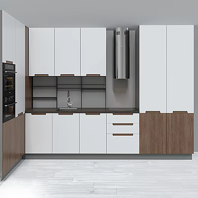 Modern Kitchen Interior With White And Wooden Cabinets Sink Oven And Range Hood 3d model