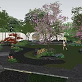Traditional Garden Landscape Featuring Cherry Blossom Tree Red Maple Stone Path And Green Grass