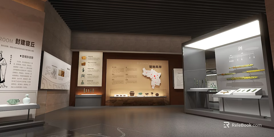Cultural Center Exhibition Hall with Exhibition Wall Map Relics and Information Panels 3d model 