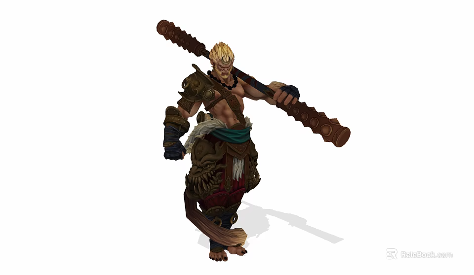 Muscular Fantasy Warrior Character With Blonde Hair And Large Wooden Staff 3d model 