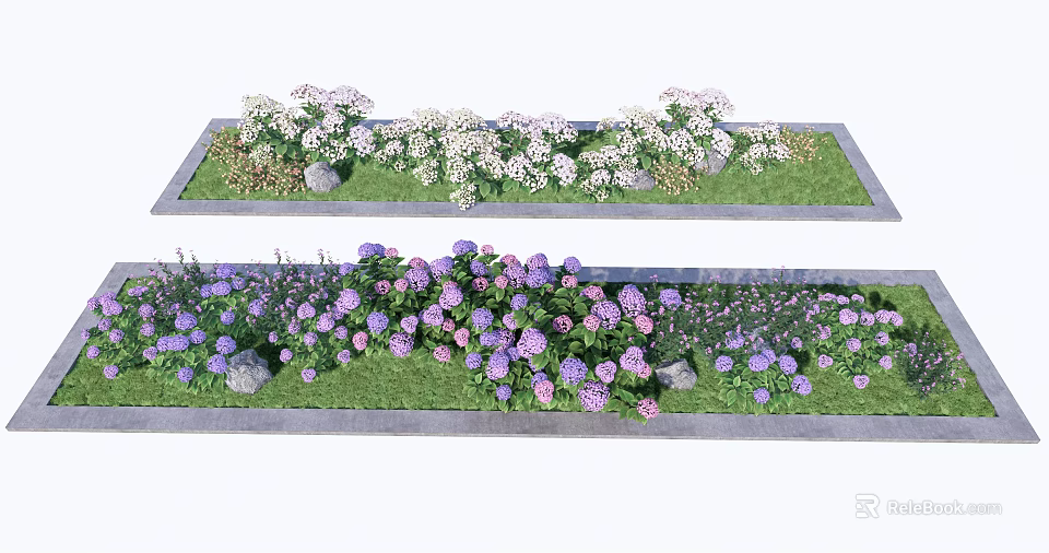 Beautiful Tree Pit With Colorful Flowers White Purple Blooms And Green Lawn 3d model 