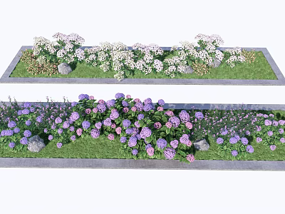 Beautiful Tree Pit With Colorful Flowers White Purple Blooms And Green Lawn 3d model