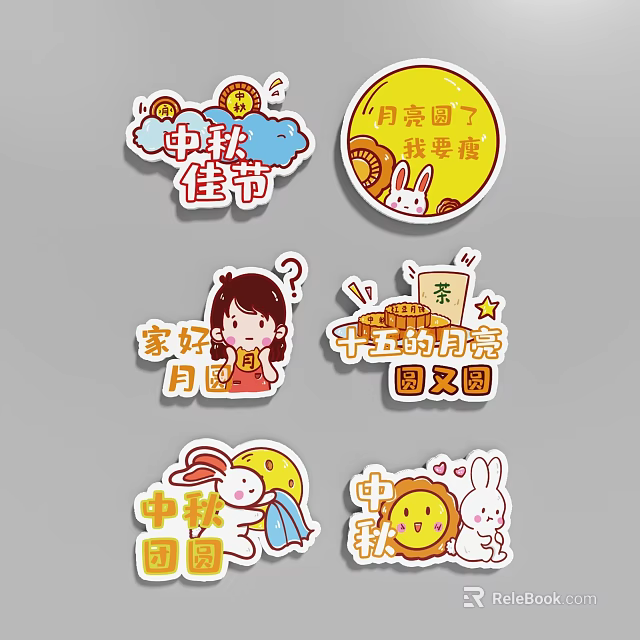 Cute Mid-Autumn Festival Stickers With Round Moon Rabbit And Reunion Elements 3d model 