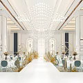 Elegant Banquet Hall Interior Design With White Chandeliers Decorative Wall Tables And Chairs