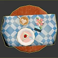 Dining Table With Blue White Checkered Tablecloth Blue Vase Pink Flower Dessert Plate And Cup
