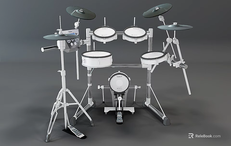 Modern Professional Electronic Drum Set With Multiple Drums Cymbals And White Stand 3d model 