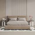 Modern Double Bed Featuring Pillows Throw Blanket Side Table Vase And Geometric Rug 3d model