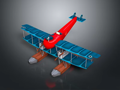 Vintage Aviation Biplane Seaplane with Red Fuselage Blue Wings and Floats 3d model