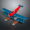 Vintage Aviation Biplane Seaplane with Red Fuselage Blue Wings and Floats