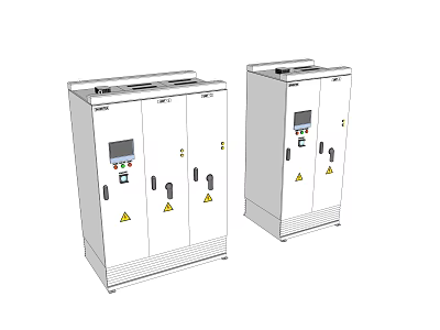 Two White Electrical Control Cabinets With Doors Display Screens Buttons And Warning Signs 3d model