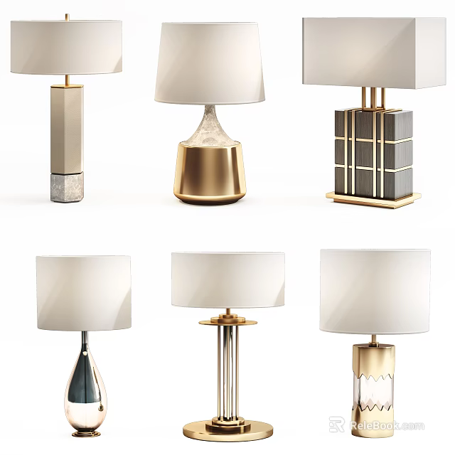 Modern Stylish Table Lamps With Diverse Base Designs And White Fabric Shades 3d model 