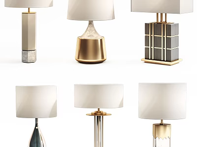 Modern Stylish Table Lamps With Diverse Base Designs And White Fabric Shades 3d model