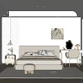 Minimalist Modern Bedroom Interior With Beige Bed Pillows Geometric Wallpaper Decorative Painting And Dressing Table