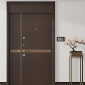 Modern Security Door With Metal Surface Elegant Handles Smart Control Panel And Decorative Bonsai
