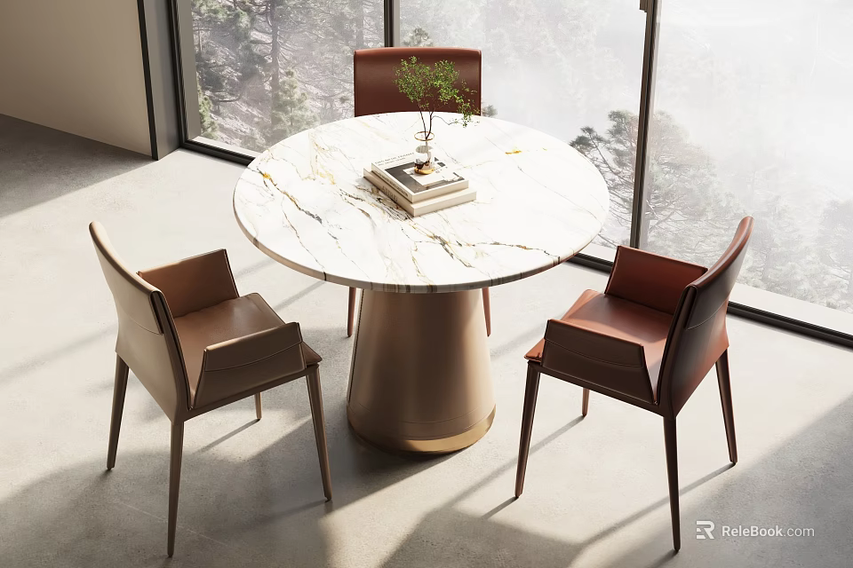 Modern Round Marble Dining Table With Leather Chairs By Large Windows Scenic View 3d model