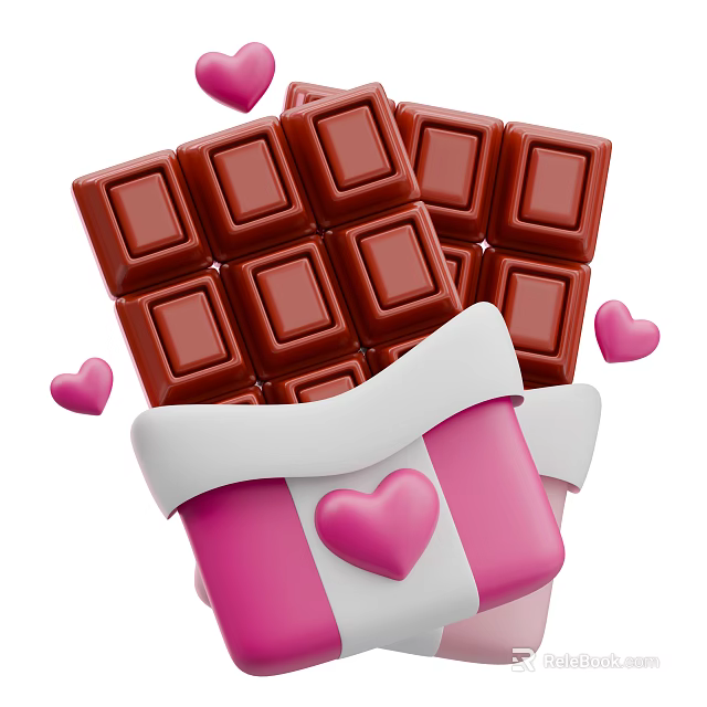 Fresh Square Chocolate Pieces Stacked In Pink Gift Box With Hearts 3d model 