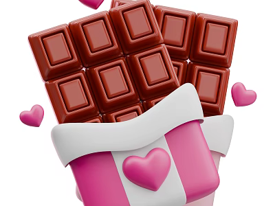 Fresh Square Chocolate Pieces Stacked In Pink Gift Box With Hearts 3d model