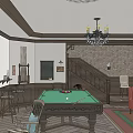 Billiard Room Interior With Vintage Wooden Decor Red Sofas Bar Counter And Chandeliers
