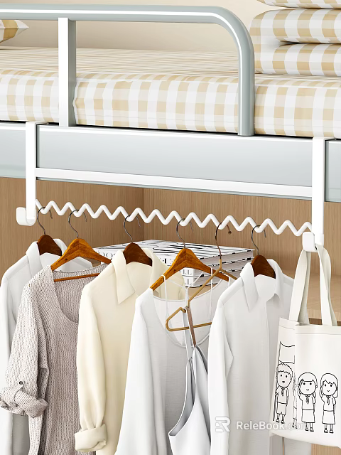 School Dormitory Organized Wardrobe Space With Wooden Hangers And Hanging Clothes 3d model 