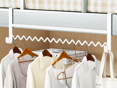 School Dormitory Organized Wardrobe Space With Wooden Hangers And Hanging Clothes 3d model