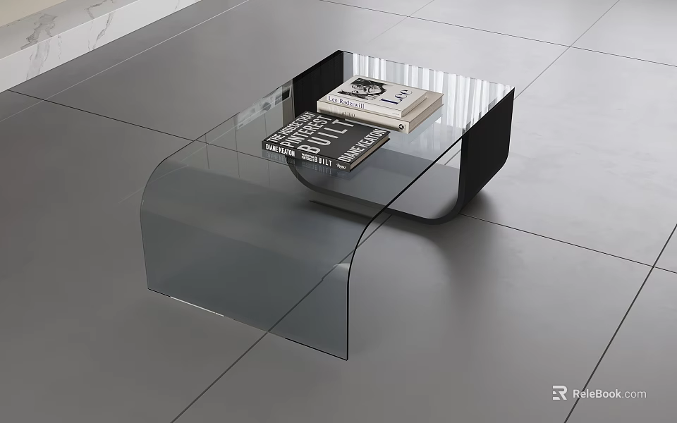 Modern Glass Coffee Table With Black Frame And Books On Gray Tiled Floor 3d model 