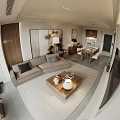 Minimalist Living And Dining Room Interior With TV Wall Sofa Decorative Plants And Natural Light
