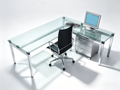 Modern Glass Office Desk With Computer Monitor Black Chair And Drawer Cabinet 3d model
