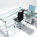 Modern Glass Office Desk With Computer Monitor Black Chair And Drawer Cabinet