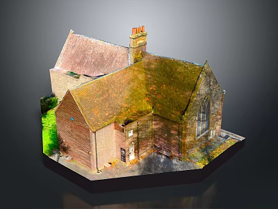 Traditional Brick Building Model Featuring Brown Mossy Roof Chimney And Green Lawn 3d model