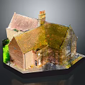 Traditional Brick Building Model Featuring Brown Mossy Roof Chimney And Green Lawn