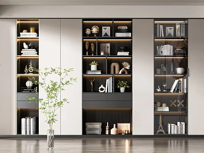 Modern Integrated Bookcase Interior With Books Decorative Items And Green Plants 3d model